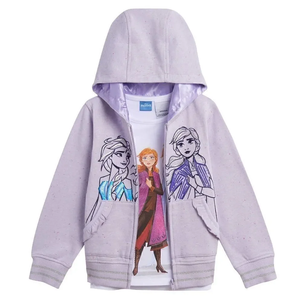NEW! NWT DISNEY FROZEN Kids Hoodie and Tee 2 Piece Set, Purple - Picture 2 of 12